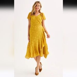 Nanette By Nanette Lapore Floral V-neck Mustard Asymmetrical Dress Size 12